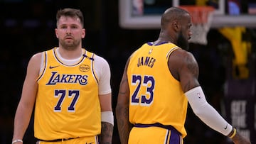 Feb 10, 2025; Los Angeles, California, USA; Los Angeles Lakers guard Luka Doncic (77) and forward LeBron James (23) on the court in the first half against the Utah Jazz at Crypto.com Arena. Mandatory Credit: Jayne Kamin-Oncea-Imagn Images TPX IMAGES OF THE DAY