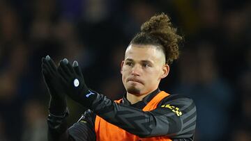 Soccer Football - Premier League - Leeds United v Manchester City - Elland Road, Leeds, Britain - December 28, 2022 Manchester City's Kalvin Phillips celebrates after the match REUTERS/Molly Darlington EDITORIAL USE ONLY. No use with unauthorized audio, video, data, fixture lists, club/league logos or 'live' services. Online in-match use limited to 75 images, no video emulation. No use in betting, games or single club /league/player publications. Please contact your account representative for further details.