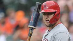 May 16, 2023; Baltimore, Maryland, USA;  Los Angeles Angels center fielder Mike Trout (27) stands on the field during the first inning against the Baltimore Orioles at Oriole Park at Camden Yards. Mandatory Credit: Tommy Gilligan-USA TODAY Sports