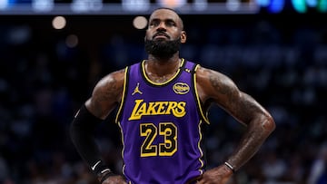 DALLAS, TEXAS - APRIL 09: LeBron James #23 of the Los Angeles Lakers looks on against the Dallas Mavericks during the fourth quarter at American Airlines Center on April 09, 2025 in Dallas, Texas. NOTE TO USER: User expressly acknowledges and agrees that, by downloading and or using this photograph, user is consenting to the terms and conditions of the Getty Images License Agreement. Sam Hodde/Getty Images/AFP (Photo by Sam Hodde / GETTY IMAGES NORTH AMERICA / Getty Images via AFP)