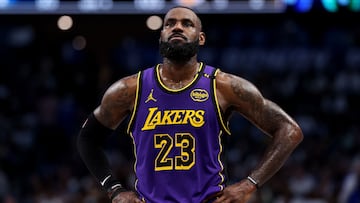 DALLAS, TEXAS - APRIL 09: LeBron James #23 of the Los Angeles Lakers looks on against the Dallas Mavericks during the fourth quarter at American Airlines Center on April 09, 2025 in Dallas, Texas. NOTE TO USER: User expressly acknowledges and agrees that, by downloading and or using this photograph, user is consenting to the terms and conditions of the Getty Images License Agreement. Sam Hodde/Getty Images/AFP (Photo by Sam Hodde / GETTY IMAGES NORTH AMERICA / Getty Images via AFP)