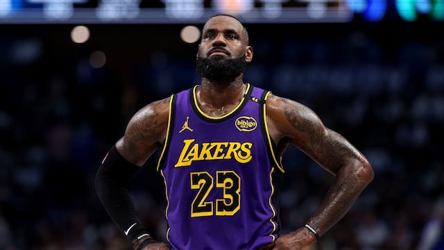 DALLAS, TEXAS - APRIL 09: LeBron James #23 of the Los Angeles Lakers looks on against the Dallas Mavericks during the fourth quarter at American Airlines Center on April 09, 2025 in Dallas, Texas. NOTE TO USER: User expressly acknowledges and agrees that, by downloading and or using this photograph, user is consenting to the terms and conditions of the Getty Images License Agreement. Sam Hodde/Getty Images/AFP (Photo by Sam Hodde / GETTY IMAGES NORTH AMERICA / Getty Images via AFP)
