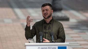 KYIV, UKRAINE - AUGUST 23: Ukrainian President Volodymyr Zelensky speaks during his press conference with Polish President Andrzej Duda on August 23, 2022 in Kyiv, Ukraine. Tomorrow marks six months since Russia's large-scale invasion of Ukraine, which galvanized the country's European neighbors and prompted an outpouring of political, military and economic support. (Photo by Alexey Furman/Getty Images)