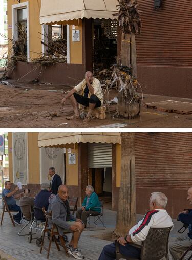 Imagen superior: Un hombre junto a un negocio destruido en el municipio de Paiporta. Imagen inferior: el mismo negocio en la actualidad. 