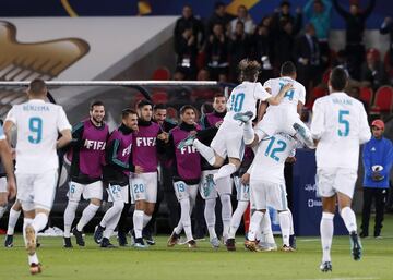 Los jugadores celebran el 1-0 de Cristiano Ronaldo. 