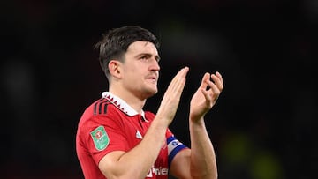 MANCHESTER, ENGLAND - NOVEMBER 10: Harry Maguire of Manchester United shows appreciation to fans following the Carabao Cup Third Round match between Manchester United and Aston Villa at Old Trafford on November 10, 2022 in Manchester, England. (Photo by Stu Forster/Getty Images)