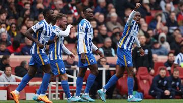 Soccer Football - Premier League - Arsenal v Brighton & Hove Albion - Emirates Stadium, London, Britain - April 9, 2022 Brighton & Hove Albion's Enock Mwepu celebrates scoring their second goal Action Images via Reuters/Matthew Childs EDITORI
