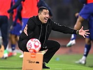 Efrain Juarez, Pumas head coach celebrates the goal with his son during the 12th round match between Pumas UNAM and America as part of the Liga BBVA MX Varonil, Torneo Clausura 2026 at Olimpico Universitario Stadium, on March 21, 2026 in Mexico City, Mexico.