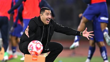 Efrain Juarez, Pumas head coach celebrates the goal with his son during the 12th round match between Pumas UNAM and America as part of the Liga BBVA MX Varonil, Torneo Clausura 2026 at Olimpico Universitario Stadium, on March 21, 2026 in Mexico City, Mexico.