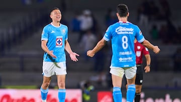 Andres Montano celebrates his goal 3-0 with Lorenzo Faravelli of Cruz Azul during the 12th round match between Cruz Azul and Atletico San Luis as part of the Liga BBVA MX, Torneo Clausura 2025 at Olimpico Universitario Stadium, on March 15, 2025 in Mexico City, Mexico.