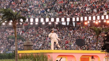 SANTA CLARA, CALIFORNIA - FEBRUARY 08: Bad Bunny performs onstage during the Apple Music Super Bowl�LX Halftime Show at Levi's Stadium on February 08, 2026 in Santa Clara, California. Chris Graythen/Getty Images/AFP (Photo by Chris Graythen / GETTY IMAGES NORTH AMERICA / Getty Images via AFP)