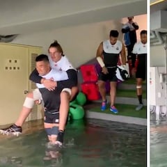 Así se las ingenió la selección de Japón para entrenar con el vestuario inundado por el tifón