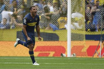 Boca Juniors' Ramon Abila celebrates after scoring against River Plate during their first leg match of the all-Argentine Copa Libertadores final, at La Bombonera stadium in Buenos Aires, on November 11, 2018.