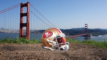 Jan 29, 2026; San Francisco, California, USA; A San Francisco 49ers helmet at the Golden Gate bridge. Mandatory Credit: Kirby Lee-Imagn Images