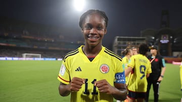 NAVI MUMBAI, INDIA - OCTOBER 15: Linda Caicedo of Colombia celebrates after winning the FIFA U-17 Women's World Cup 2022 Group C match between China and Colombia at DY Patil Stadium on October 15, 2022 in Navi Mumbai, India. (Photo by Joern Pollex - FIFA/FIFA via Getty Images)