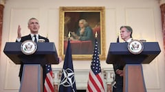 WASHINGTON, DC - FEBRUARY 08: U.S. Secretary of State Antony Blinken (R) and NATO Secretary General Jens Stoltenberg (L) speak during a joint press conference at the State Department on February 08, 2023 in Washington, DC. Blinken and Stoltenberg answered a range of questions during the press conference relating primarily to Ukraine and Chin (Photo by Win McNamee/Getty Images)