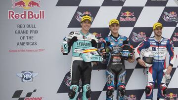 AUSTIN, TX - APRIL 22: (L-R) Joan Mir of Spain and Leopard Racing, Aron Canet of Spain and Estrella Galicia 0,0, and Romano Fenati of Italy and Marinelli Rivacold Snipers Team pose and celebrate at the end of the qualifying practice during the qualifying practice during the MotoGp Red Bull U.S. Grand Prix of The Americas - Qualifying at Circuit of The Americas on April 22, 2017 in Austin, Texas.  (Photo by Mirco Lazzari gp/Bongarts/Getty Images)