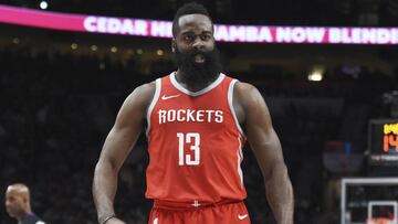 Houston Rockets guard James Harden reacts after making a play during the second half of the team&#039;s NBA basketball game against the Portland Trail Blazers in Portland, Ore., Tuesday, March 20, 2018. The Rockets won 115-111. (AP Photo/Steve Dykes)