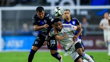 Aug 1, 2024; Cincinnati, Ohio, USA; Queretaro FC midfielder Samuel Sosa (7) battles for the ball against FC Cincinnati defender Alvas Powell (2) in the first half at TQL Stadium. Mandatory Credit: Katie Stratman-USA TODAY Sports