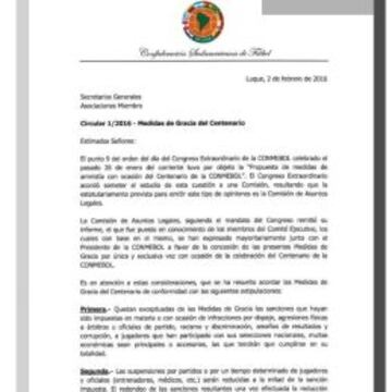 Comunicado de la CONMEBOL sobre las Medidas de Gracia de la organización con motivo de su Centenario.