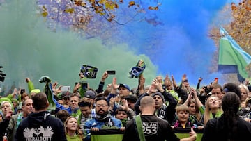 November 10, 2019; Seattle, WA, USA; Seattle Sounders supporters march before the MLS Cup against the Toronto FC at CenturyLink Field. Mandatory Credit: Steven Bisig-USA TODAY Sports