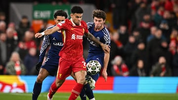 (From L) Paris Saint-Germain's Brazilian defender #05 Marquinhos, Liverpool's Colombian midfielder #07 Luis Diaz and Paris Saint-Germain's Portuguese midfielder #87 Joao Neves f during the last 16 second leg UEFA Champions League football match between Liverpool and Paris Saint-Germain (PSG) at Anfield in Liverpool, north west England on March 11, 2025. (Photo by Oli SCARFF / AFP)