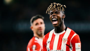 Nico Williams left winger of Athletic Club and Spain celebrates after scoring his sides first goal during the UEFA Europa League 2024/25 Quarter Final Second Leg match between Athletic Club and Rangers FC at Estadio de San Mames on April 17, 2025 in Bilbao, Spain. (Photo by Jose Breton/Pics Action/NurPhoto via Getty Images)