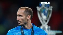 LONDON, ENGLAND - JUNE 01:  Giorgio Chiellini of Italy walks past the trophy wearing his losers medal during the Finalissima 2022 match between Italy and Argentina at Wembley Stadium on June 1, 2022 in London, England. (Photo by Marc Atkins/Getty Images)