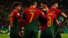 LISBON, PORTUGAL - MARCH 23: Cristiano Ronaldo of Portugal celebrates with teammates after scoring a goal during the Group J - UEFA EURO 2024 Qualifying Round match between Portugal and Liechtenstein at Estadio Jose Alvalade on March 23, 2023 in Lisbon, Portugal.  (Photo by Gualter Fatia/Getty Images)