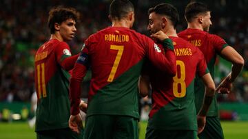 LISBON, PORTUGAL - MARCH 23: Cristiano Ronaldo of Portugal celebrates with teammates after scoring a goal during the Group J - UEFA EURO 2024 Qualifying Round match between Portugal and Liechtenstein at Estadio Jose Alvalade on March 23, 2023 in Lisbon, Portugal. (Photo by Gualter Fatia/Getty Images)