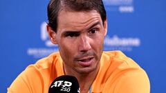 Spain's Rafael Nadal speaks during a press conference after his loss in his men's singles match against Jordan Thompson of Australia at the Brisbane International tennis tournament in Brisbane on January 5, 2024. (Photo by William WEST / AFP) / --IMAGE RESTRICTED TO EDITORIAL USE - STRICTLY NO COMMERCIAL USE--