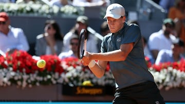 Italy's Jannik Sinner returns the ball to Denmark's Elmer Moller during their 2026 ATP Tour Madrid Open tennis tournament third round singles match at the Caja Magica in Madrid, on April 26, 2026. (Photo by Thomas COEX / AFP)