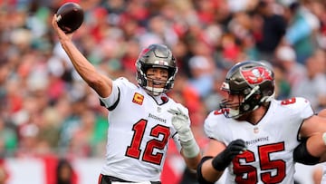 TAMPA, FLORIDA - JANUARY 16: Tom Brady #12 of the Tampa Bay Buccaneers throws a pass against the Philadelphia Eagles during the second quarter in the NFC Wild Card Playoff game at Raymond James Stadium on January 16, 2022 in Tampa, Florida. Michael Reav
