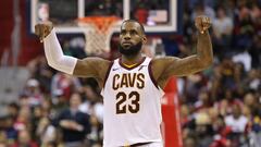 Nov 3, 2017; Washington, DC, USA; Cleveland Cavaliers forward LeBron James (23) gestures after scoring against the Washington Wizards in the fourth quarter at Capital One Arena. The Cavaliers won 130-122. Mandatory Credit: Geoff Burke-USA TODAY Sports