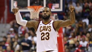 Nov 3, 2017; Washington, DC, USA; Cleveland Cavaliers forward LeBron James (23) gestures after scoring against the Washington Wizards in the fourth quarter at Capital One Arena. The Cavaliers won 130-122. Mandatory Credit: Geoff Burke-USA TODAY Sports