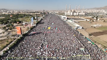 A drone view as Houthi movement supporters rally to denounce air strikes launched by the U.S. and Britain on Houthi targets, in Sanaa, Yemen January 12, 2024. Houth Media Center/Handout via REUTERS THIS IMAGE HAS BEEN SUPPLIED BY A THIRD PARTY