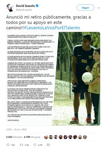 David Izazola, canterano de Pumas, renunció al fútbol a los 24 años de edad, acuso malos tratos y manejos del fútbol mexicano, aseguró que las decisiones se basan en dinero y no en capacidades.