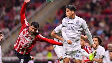 Bryan Gonzalez (L) of Guadalajara fights of the ball with Jaime Gomez (R) of Queretaro during the 3rd round match between Guadalajara and Queretaro as part of the Liga BBVA MX, Torneo Clausura 2026 at Akron Stadium, on January 17, 2026 in Guadalajara, Jalisco, Mexico.