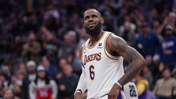 Jan 7, 2023; Sacramento, California, USA; Los Angeles Lakers forward LeBron James (6) reacts after being called for an offensive foul against the Sacramento Kings in the fourth quarter at the Golden 1 Center. Mandatory Credit: Cary Edmondson-USA TODAY Sports