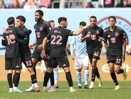 NEW YORK, NEW YORK - MARCH 22: Lionel Messi #10 of Inter Miami CF celebrates with teammates after scoring the team's second goal during the MLS match between New York City FC and Inter Miami CF at Yankee Stadium on March 22, 2026 in New York, New York. Sarah Stier/Getty Images/AFP (Photo by Sarah Stier / GETTY IMAGES NORTH AMERICA / Getty Images via AFP)