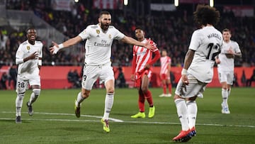 As&iacute; celebr&oacute; Benzema uno de sus goles al Girona.