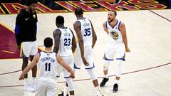 Jun 6, 2018; Cleveland, OH, USA; Golden State Warriors guard Stephen Curry (30) celebrates with forward Kevin Durant (35) during the fourth quarter against the Cleveland Cavaliers in game three of the 2018 NBA Finals at Quicken Loans Arena. Mandatory Credit: Kyle Terada-USA TODAY Sports