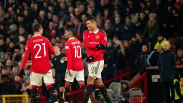 MANCHESTER, ENGLAND - JANUARY 28:   Casemiro of Manchester United celebrates with Antony during the  Emirates FA Cup Fourth Round match between Manchester United and Reading at Old Trafford on January 28, 2023 in Manchester, England. (Photo by Ash Donelon/Manchester United via Getty Images)