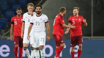 Soccer Football - UEFA Nations League - League A - Group 4 - Switzerland v Germany - St. Jakob-Park, Basel, Switzerland - September 6, 2020 Switzerland's Silvan Widmer celebrates scoring their first goal with teammates REUTERS/Arnd Wiegmann