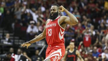 Apr 5, 2018; Houston, TX, USA; Houston Rockets guard James Harden (13) celebrates after making a three point basket during the second quarter against the Portland Trail Blazers at Toyota Center. Mandatory Credit: Troy Taormina-USA TODAY Sports