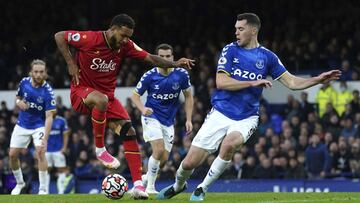 Watford's Joshua King scores their side's fourth goal of the game during the English Premier League soccer match between Everton and Watford at Goodison Park, Liverpool, England, Saturday, Oct. 23, 2021. (Martin Rickett/PA via AP)