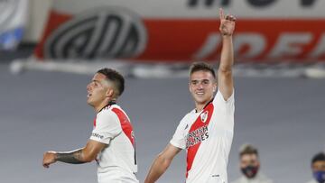 Soccer Football - Argentina Primera Division - River Plate v Racing Club - Estadio Monumental, Buenos Aires, Argentina - November 25, 2021 River Plate's Agustin Palavecino celebrates scoring their first goal REUTERS/Agustin Marcarian