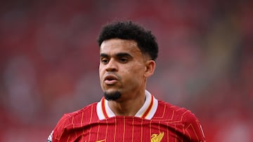 LIVERPOOL, ENGLAND - MAY 11: (SUN OUT, SUN ON SUNDAY OUT) Luis Diaz of Liverpool looks on during the Premier League match between Liverpool FC and Arsenal FC at Anfield on May 11, 2025 in Liverpool, England. (Photo by Liverpool FC/Liverpool FC via Getty Images)