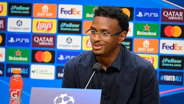 Juventus' Colombian defender #32 Juan David Cabal gives a press conference on the eve of the UEFA Champions League league phase day 2 football match between Villarreal CF and Juventus at the Ceramica stadium in Villarreal on September 30, 2025. (Photo by Jose Jordan / AFP)