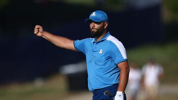 Golf - The 2023 Ryder Cup - Marco Simone Golf & Country Club, Rome, Italy - September 29, 2023 Team Europe's Jon Rahm celebrates after chipping in on the 10th hole during the Foursomes REUTERS/Carl Recine